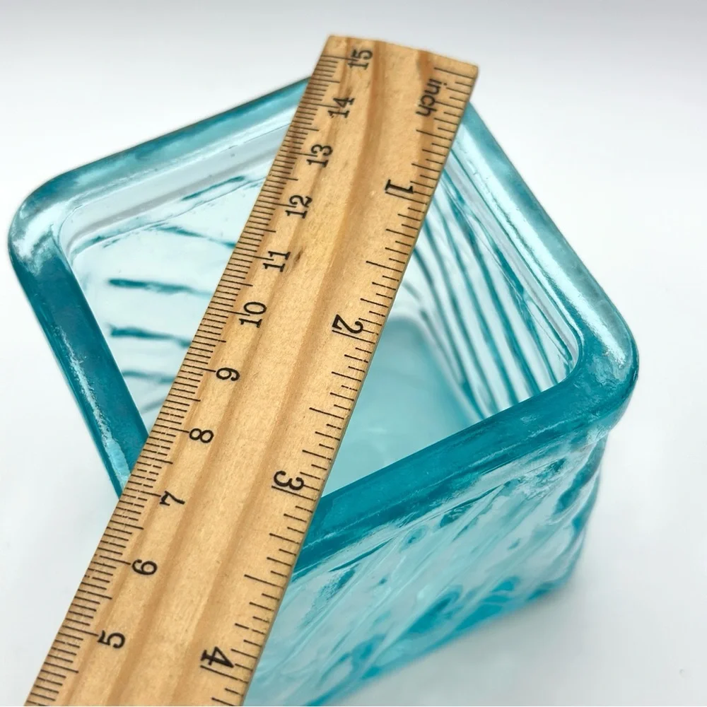 Vintage Teal Votive Holder Tealight Candle Trinket Dish Collectible Glass Square